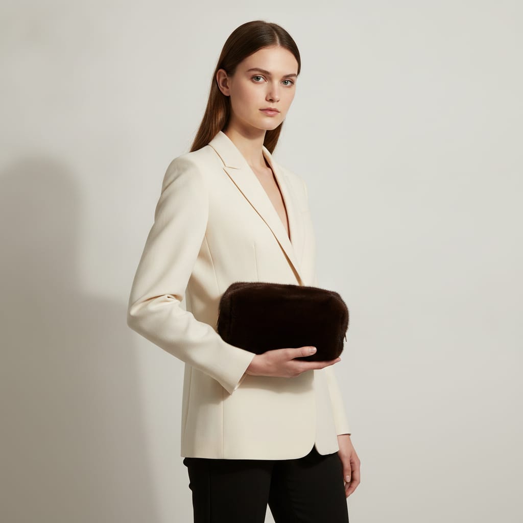 Necessaire in Finta Pelliccia Montone - Marrone