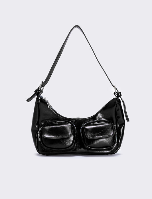 Borsa a spalla con tasche avanti - Nero