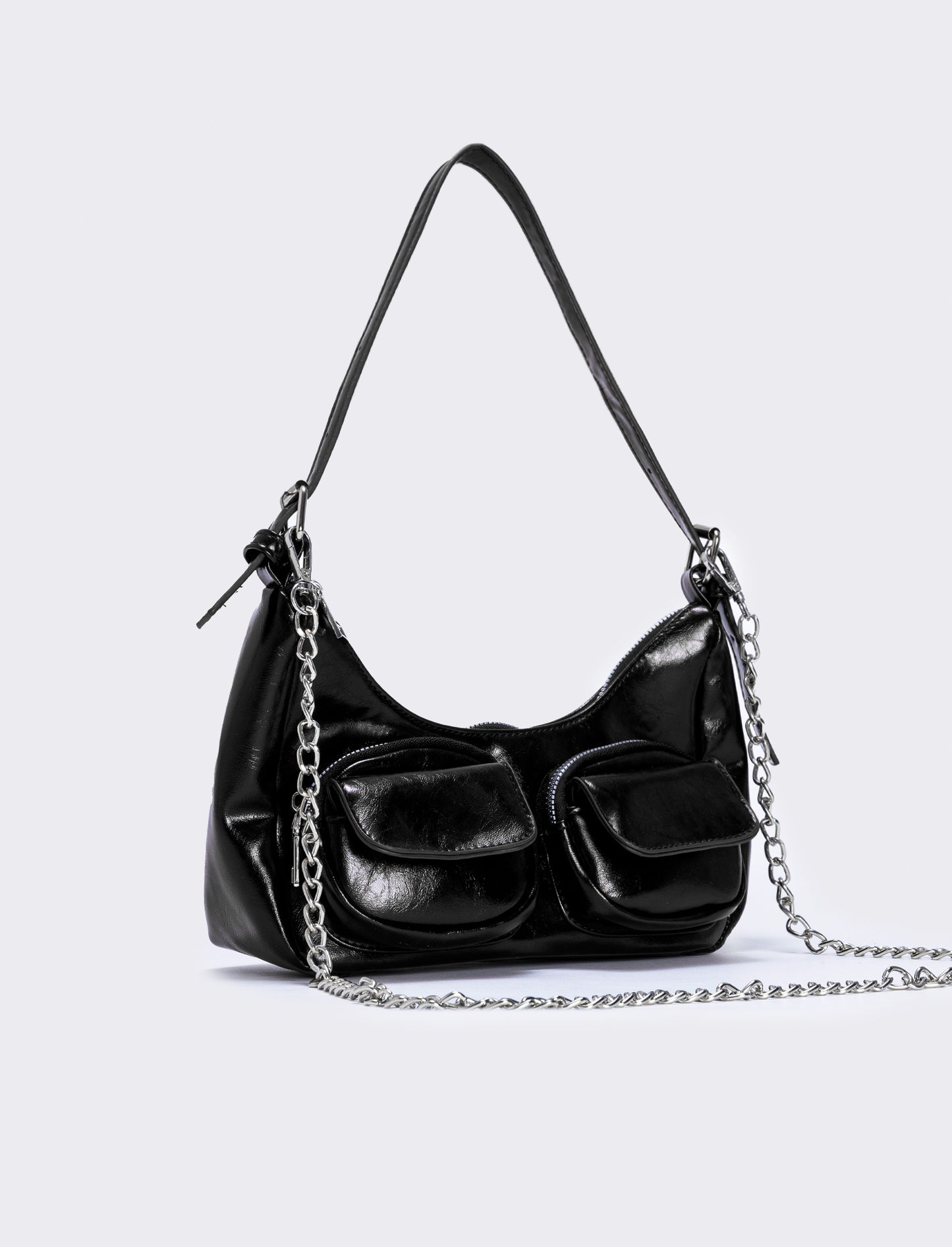 Borsa a spalla con tasche avanti - Nero