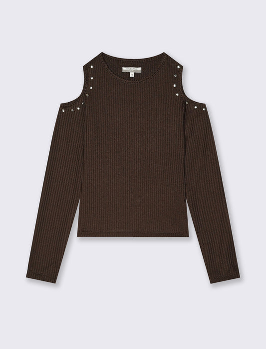 Long sleeve shirt with decorative studs - Brown