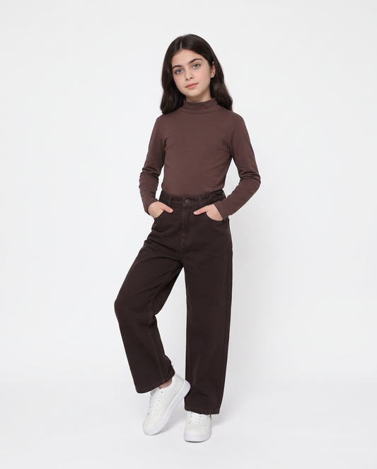 Pantalone mom fit in denim 100% cotone - Marrone