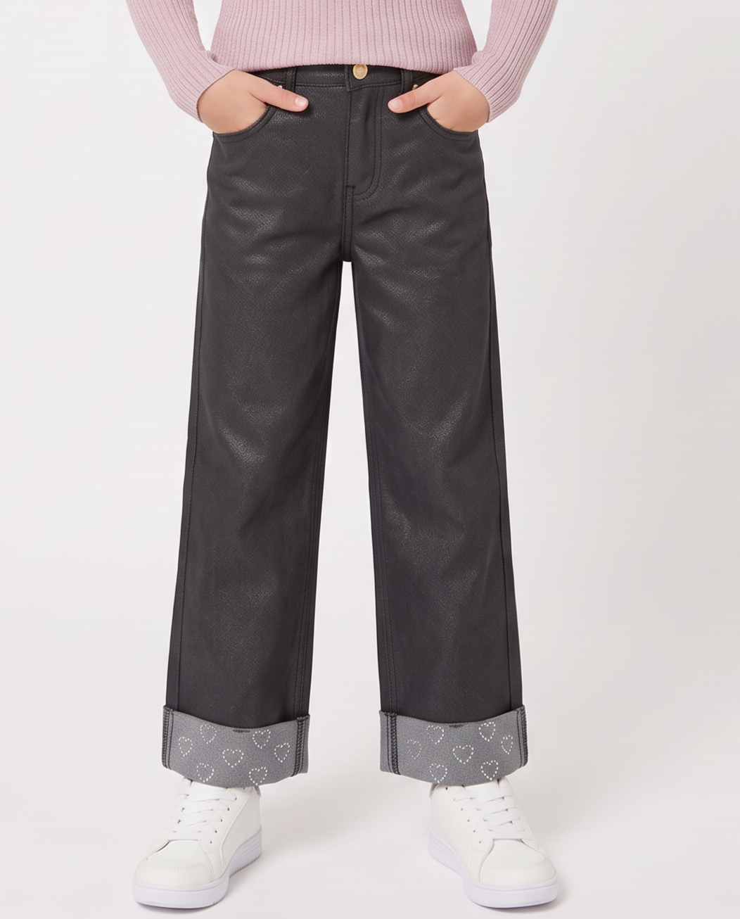 Jeans gamba ampia con strass da bambina - Nero