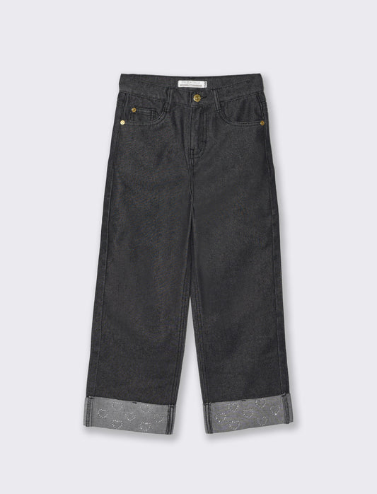Jeans gamba ampia con strass da bambina - Nero