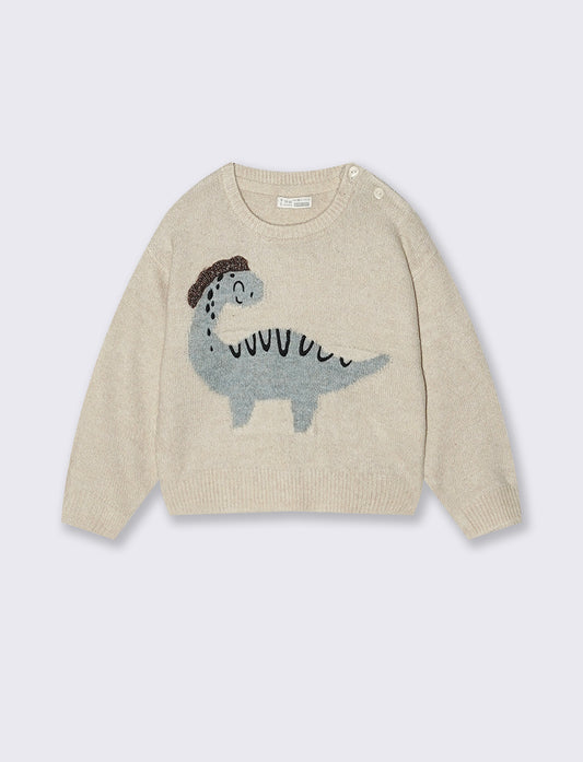 Maglioncino caldo con dinosauro 3D - Beige melange