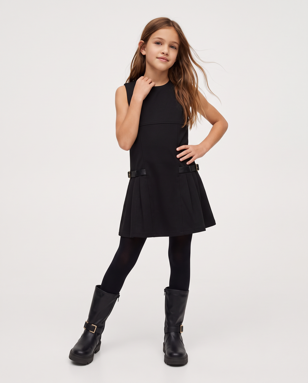 Sleeveless Milano stitch dress with buckles - Black