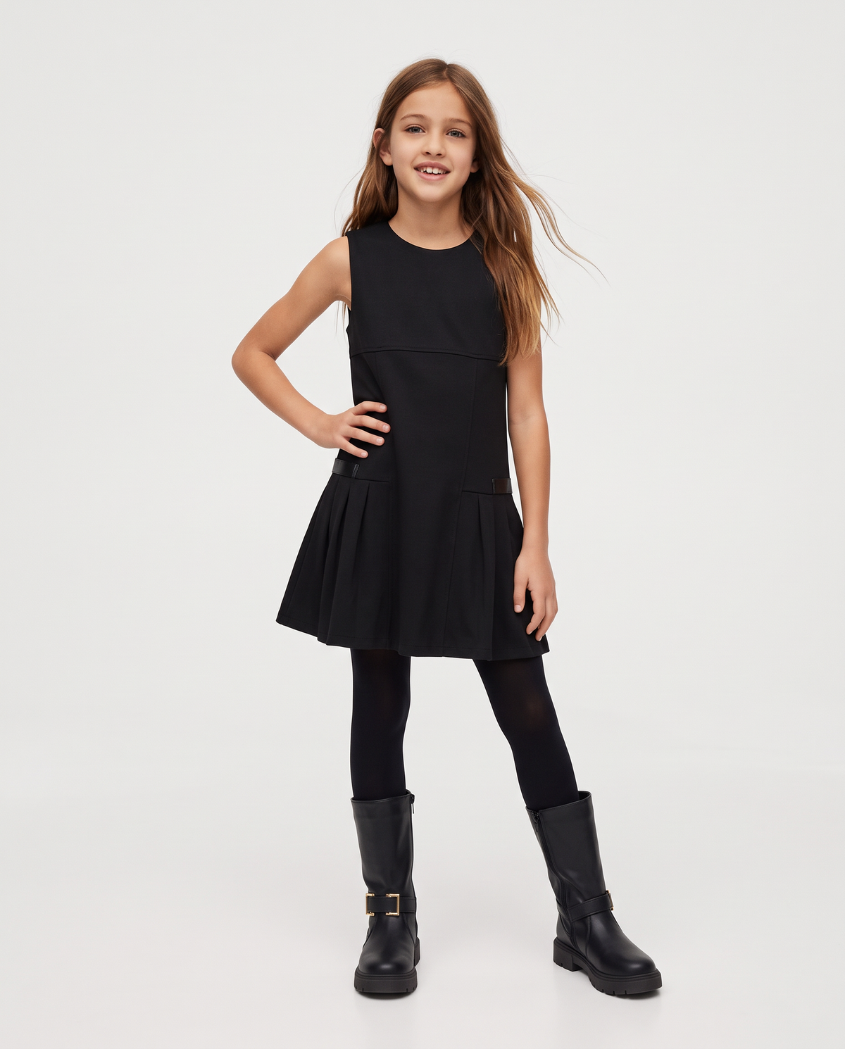 Sleeveless Milano stitch dress with buckles - Black