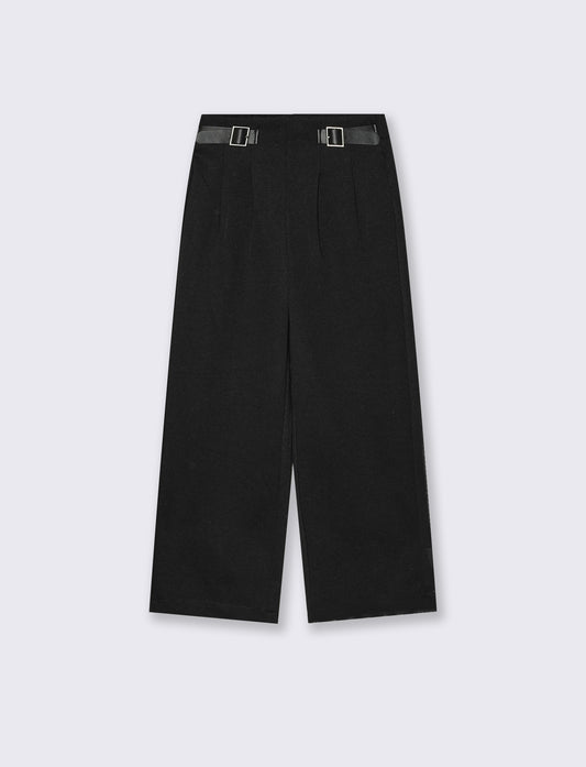 Pantaloni wide leg con fibbie decorative - Nero