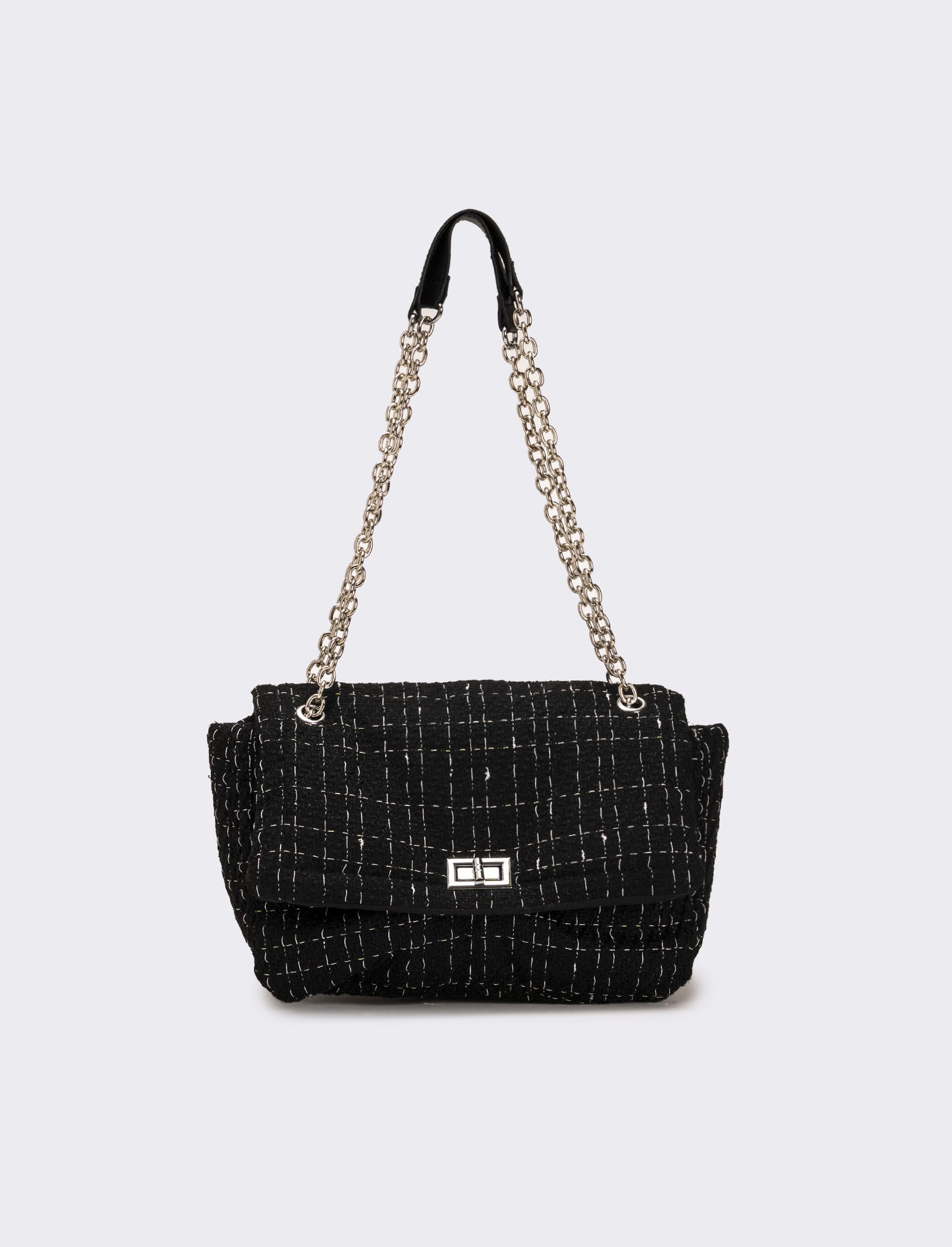 Borsa donna in tessuto con patta e catena infilata - Nero