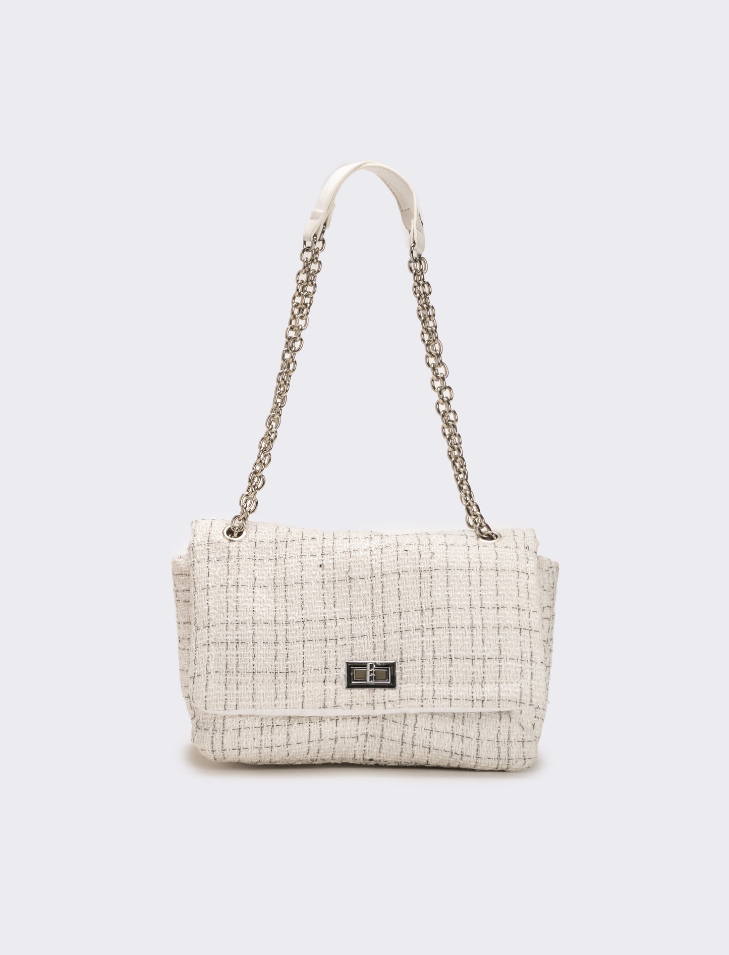 Borsa donna in tessuto con patta e catena infilata - Bianco