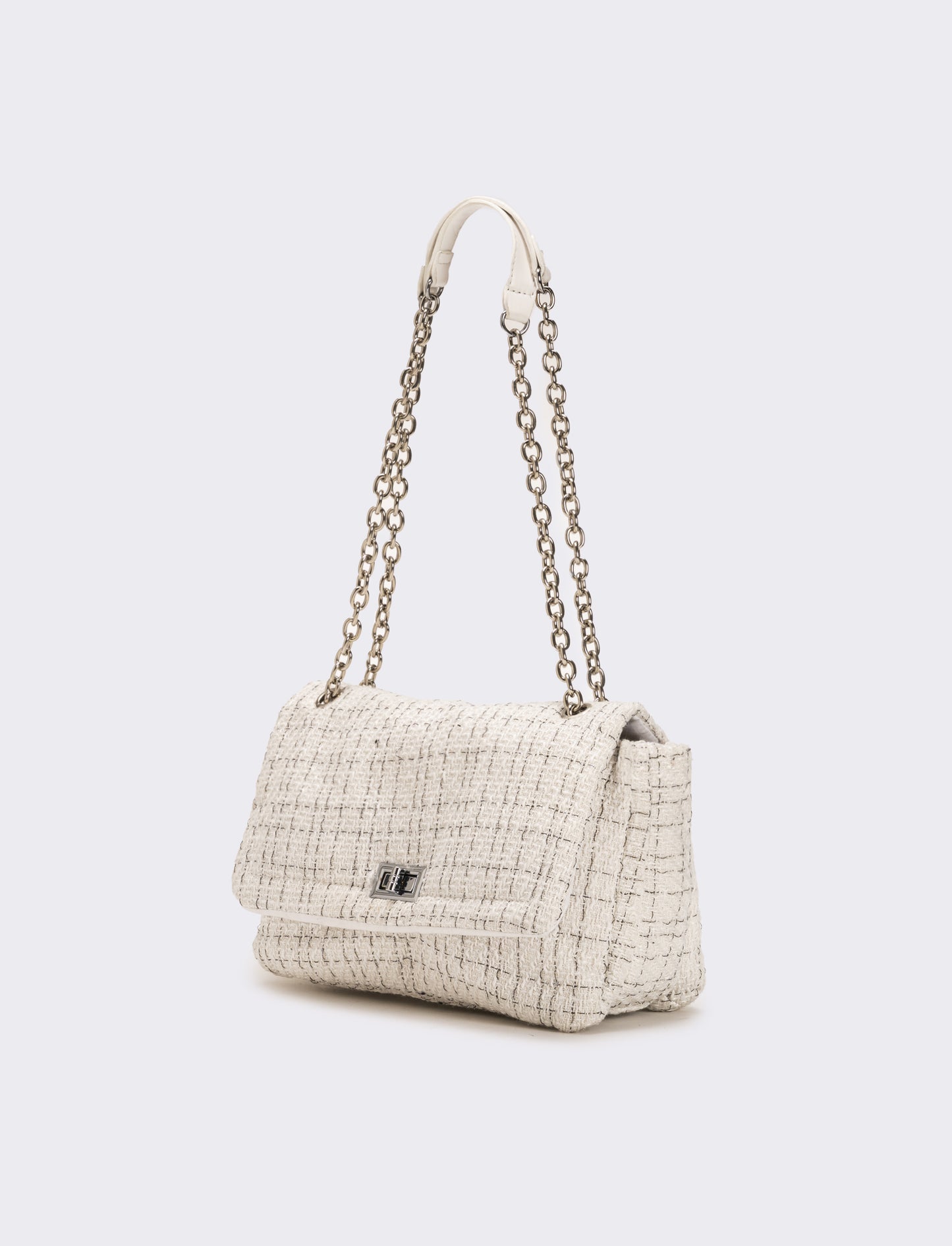 Borsa donna in tessuto con patta e catena infilata - Bianco