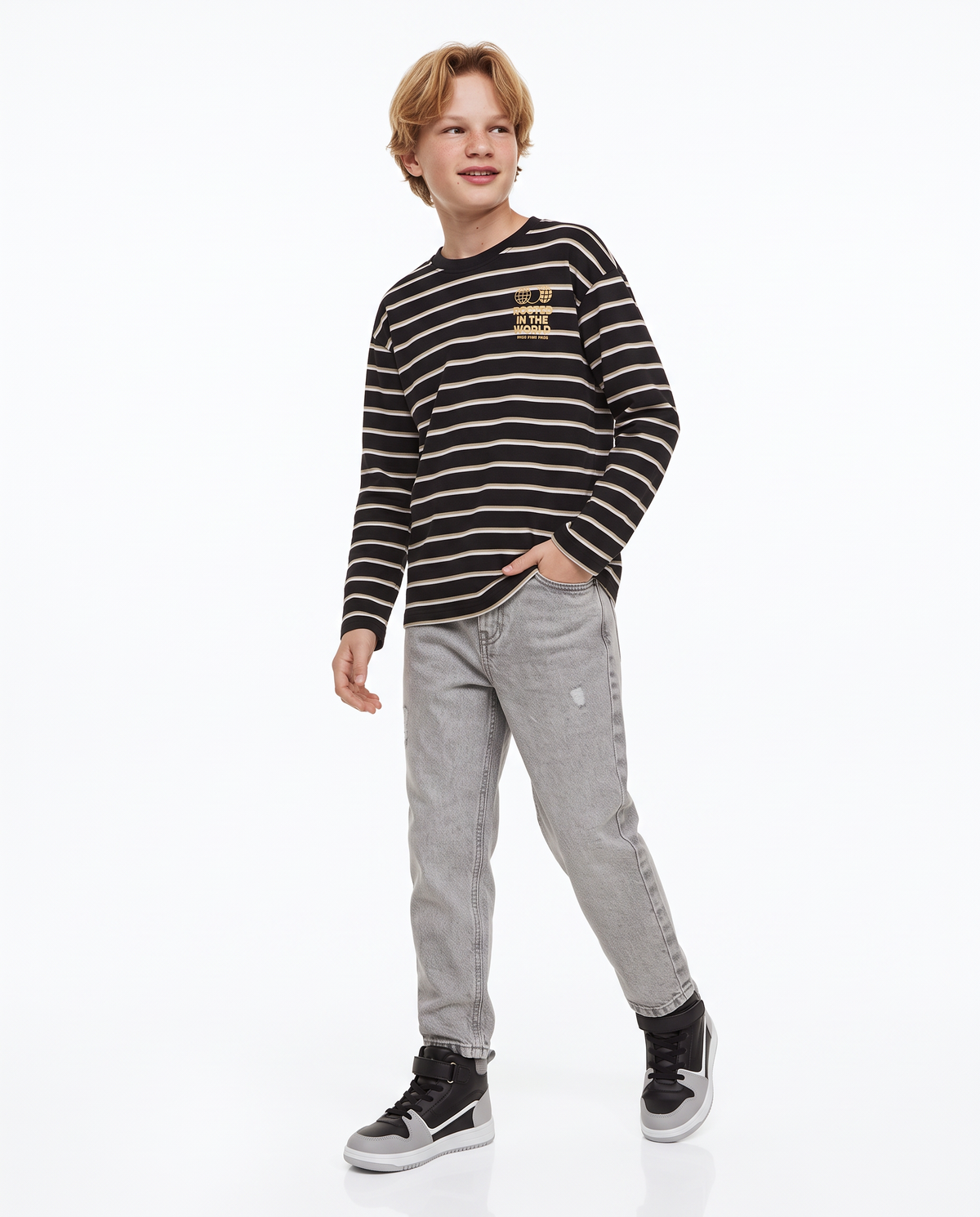 Regular Jeans with Distressed Details and Elastic Waistband - Grey