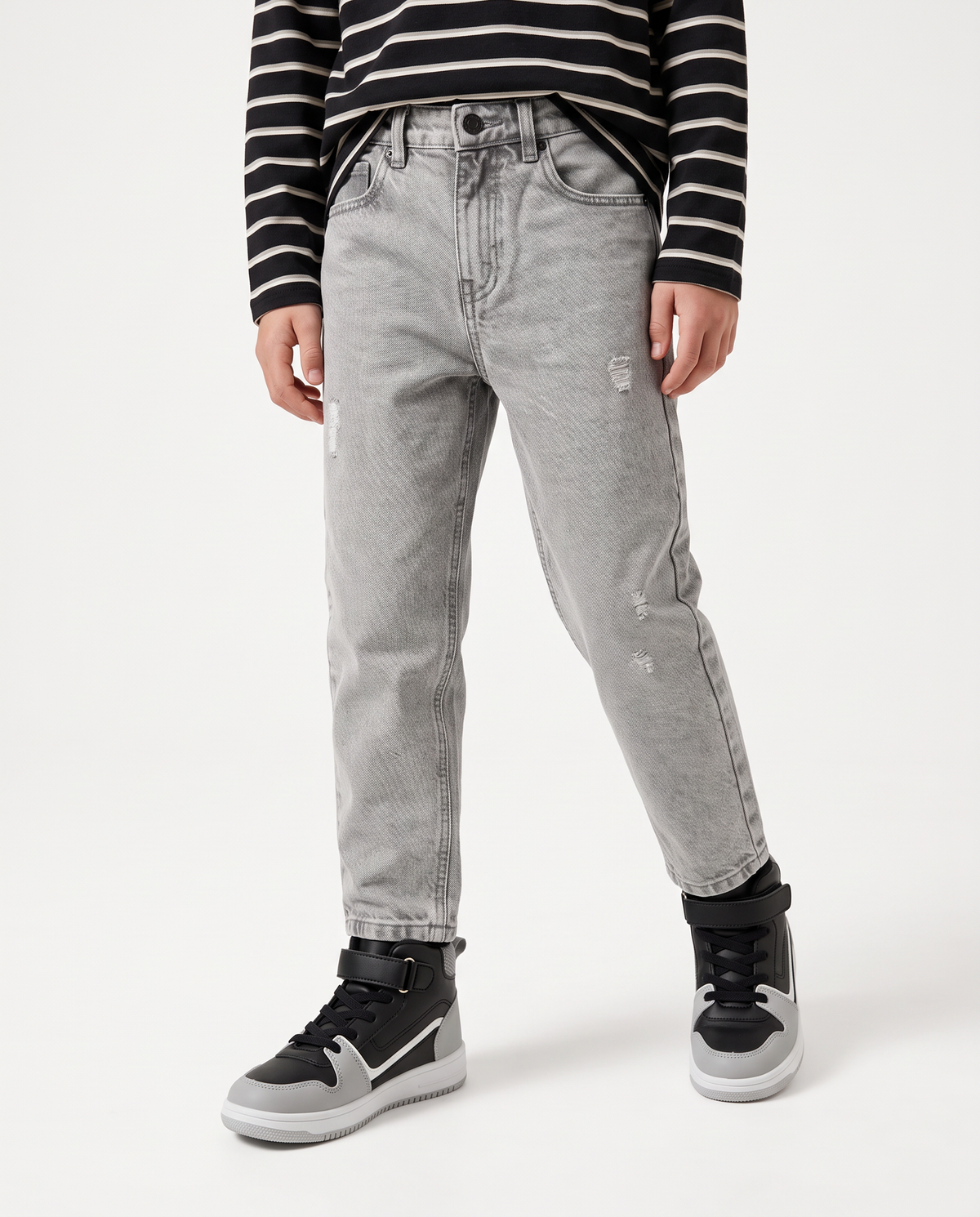 Regular Jeans with Distressed Details and Elastic Waistband - Grey