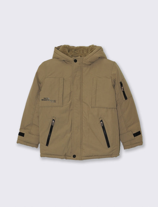 Giaccone con cappuccio e pelliccia calda - Beige