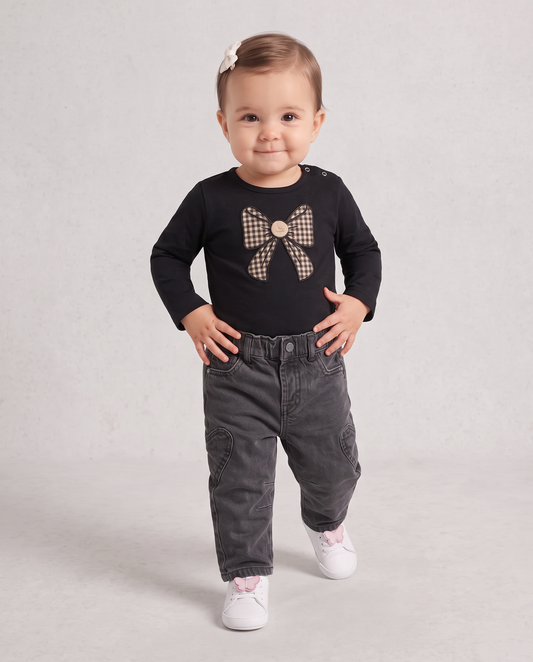 Contrast bow crew neck T-shirt - Black