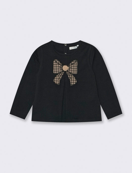 T-shirt girocollo con fiocco in contrasto - Nero