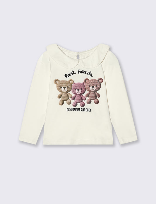 T-shirt girocollo con orsetti e colletto - Bianco latte
