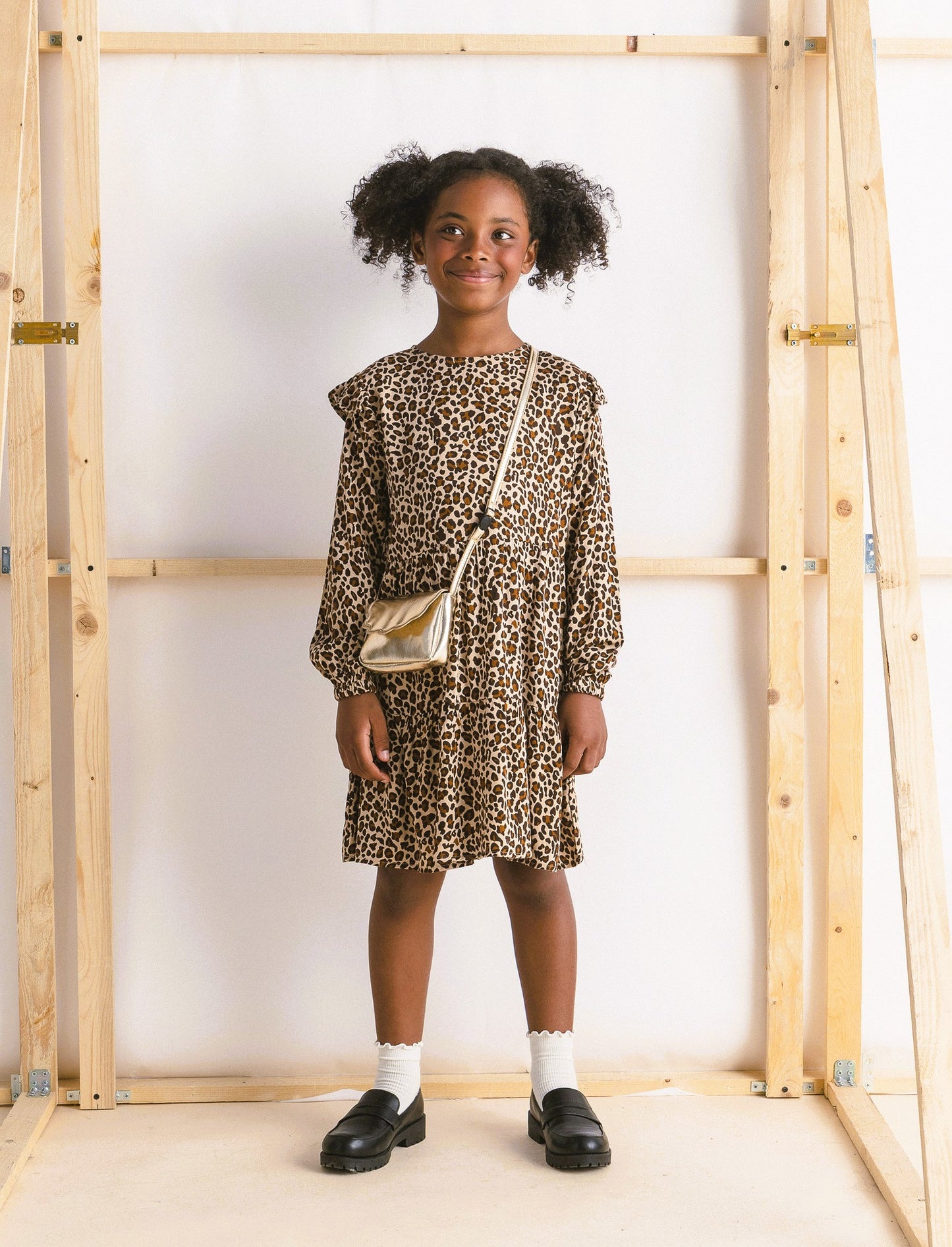 Abito manica lunga in viscosa da bambina. - Leopardato