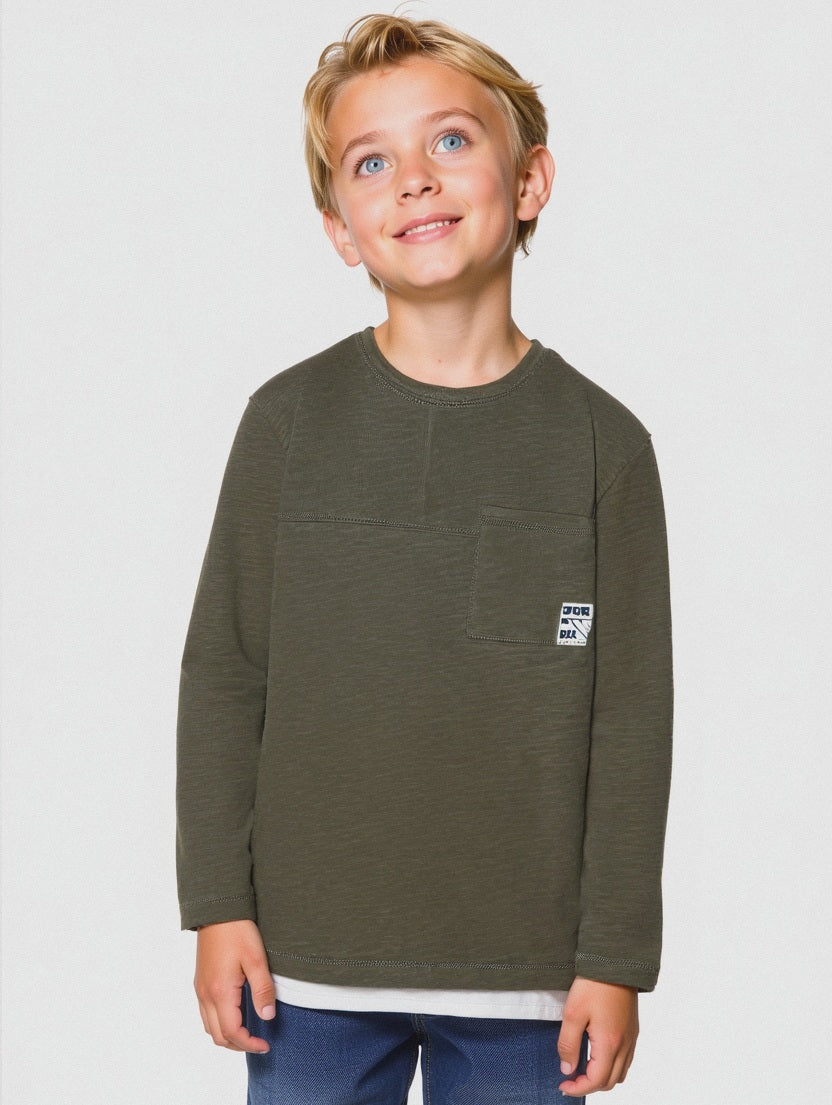 MAGLIETTA IN COTONE SLUB CON TASCHINO - Verde militare