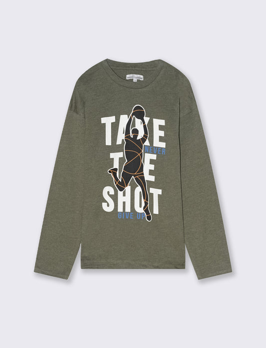 T-shirt in jersey fiammato con stampa. - Verde militare