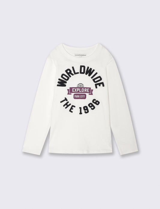 T-shirt cotone con stampa e ricamo - Bianco latte