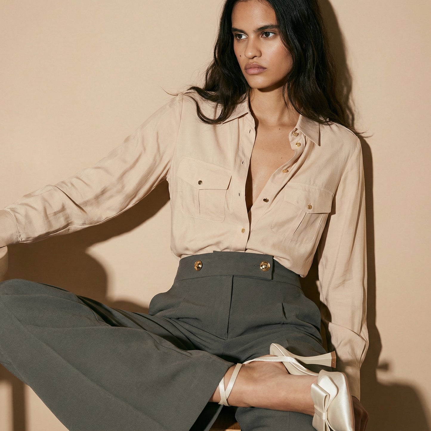 Camicia morbida manica lunga con tasche - Cuoio