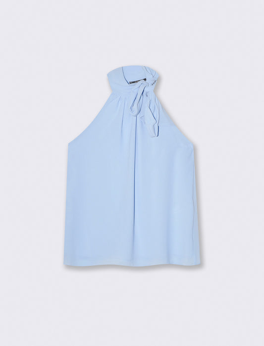 Top a giromanica con fiocco sul collo - Celeste