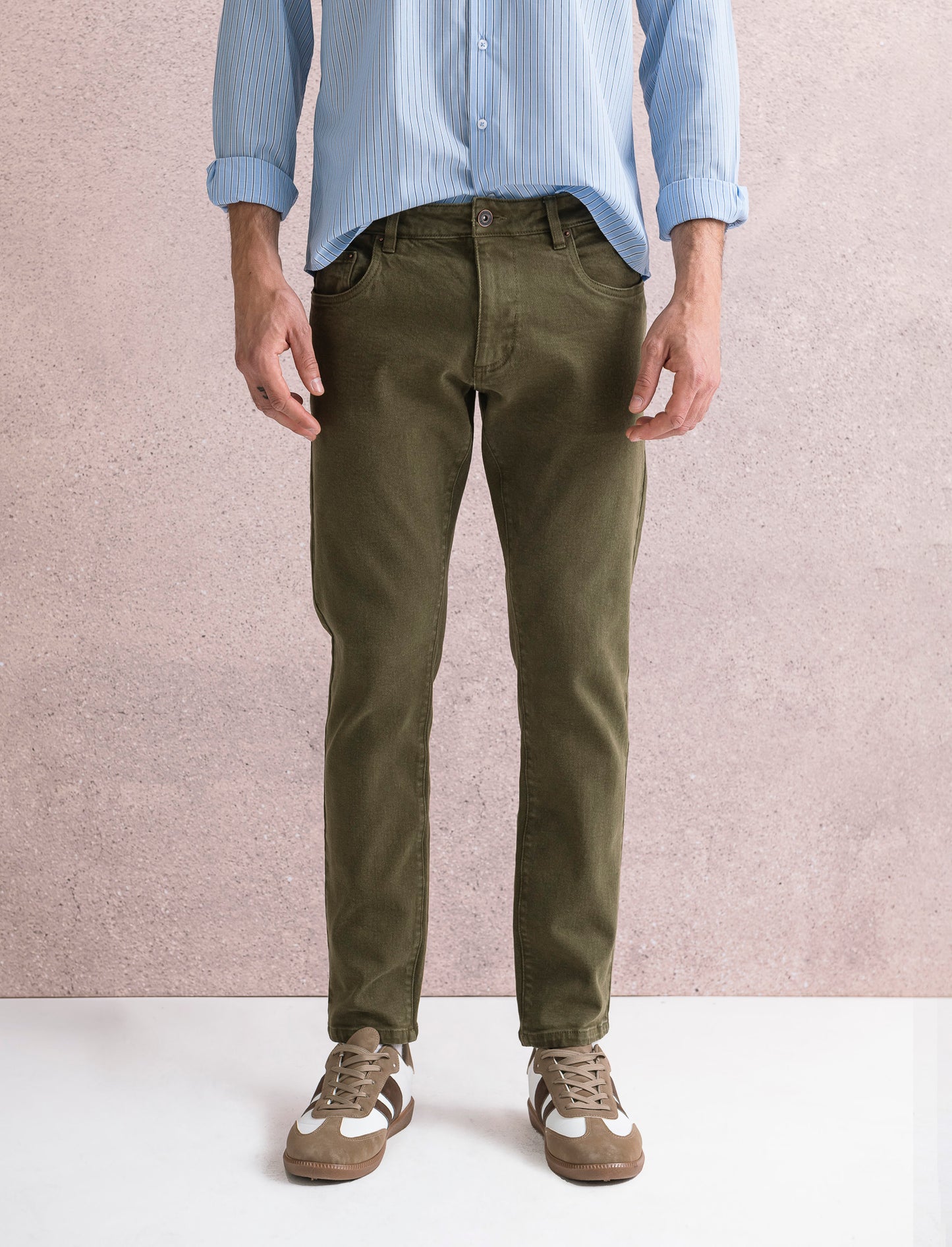 PANTALONI SLAVATI 5 TASCHE SLIM FIT - Verde kaki
