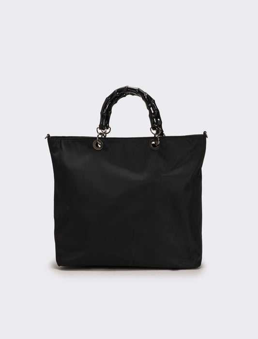 Borsa shopping nylon donna con manici bamboo - Nero
