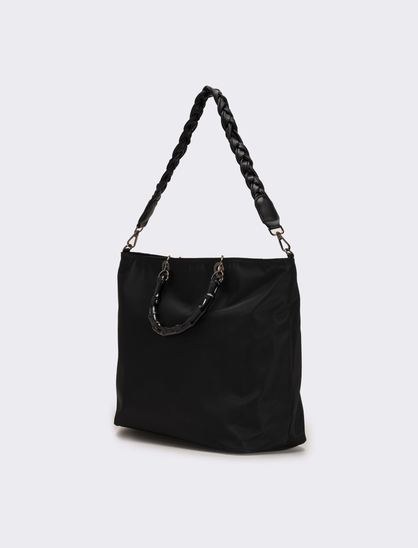 Borsa shopping nylon donna con manici bamboo - Nero