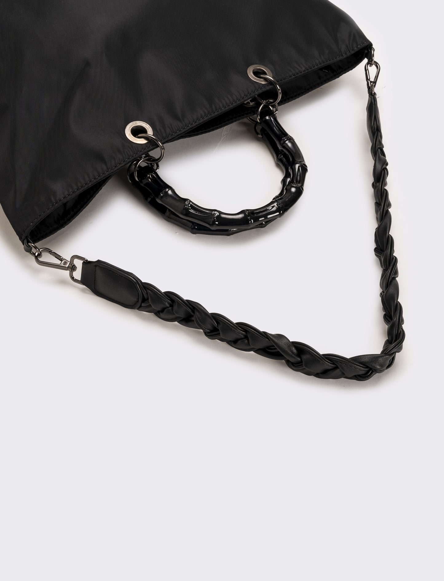 Borsa shopping nylon donna con manici bamboo - Nero