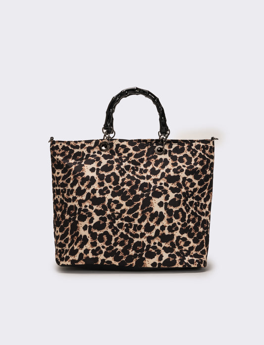 Borsa shopping nylon donna con manici bamboo - Leopardato