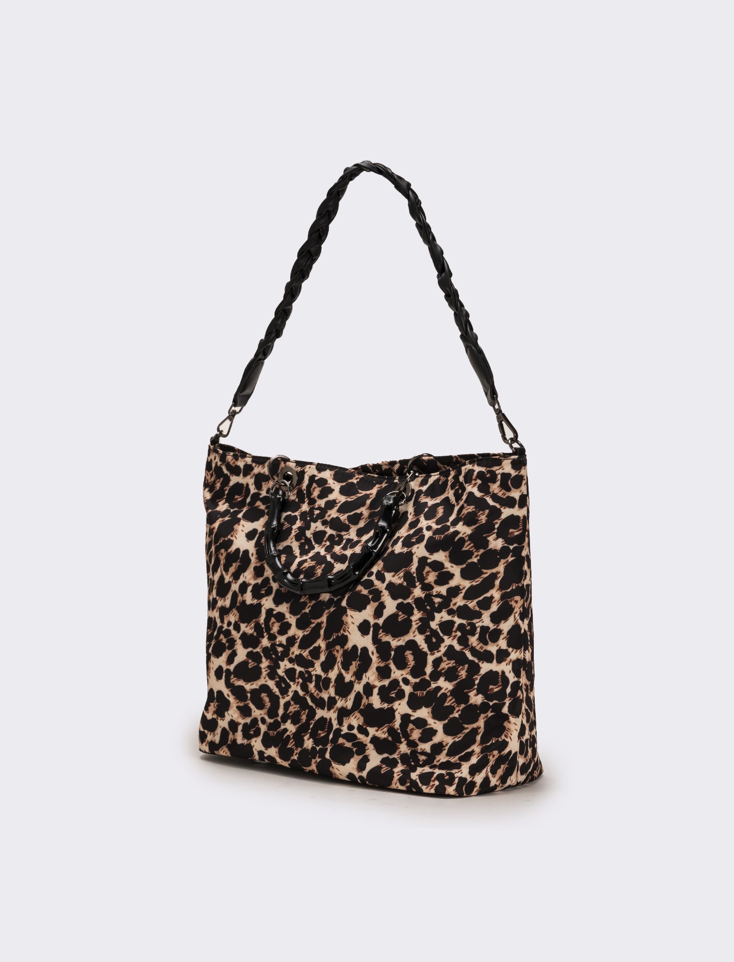 Borsa shopping nylon donna con manici bamboo - Leopardato