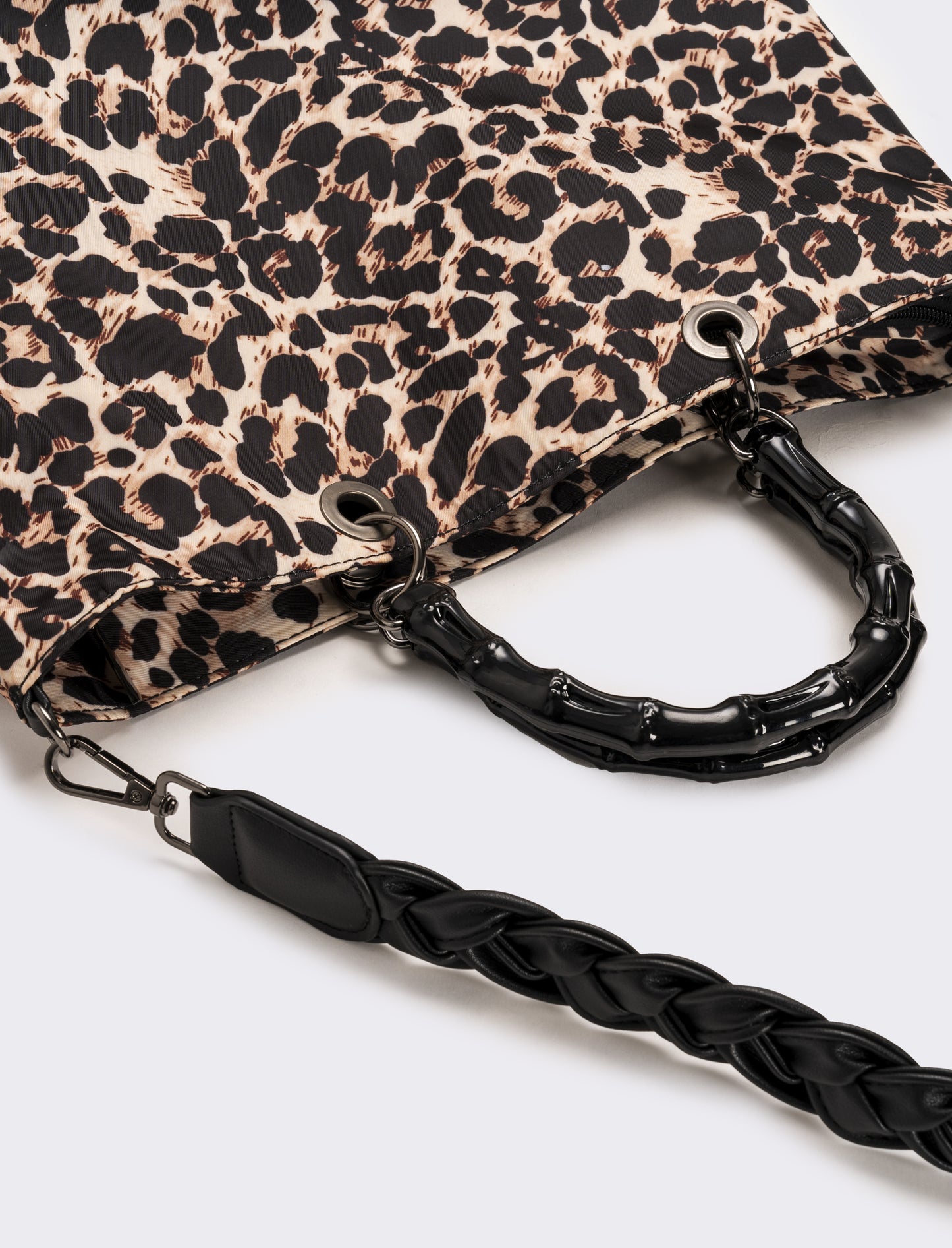Borsa shopping nylon donna con manici bamboo - Leopardato