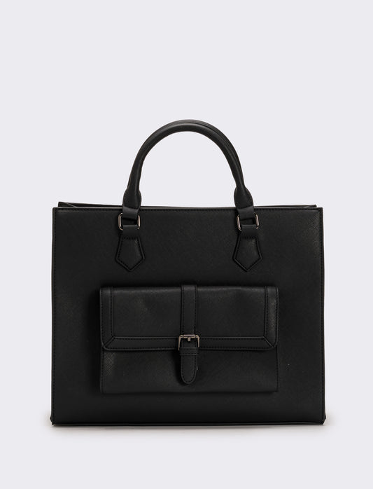 Borsa con tasca grande e tracolla in saffiano donna - Nero