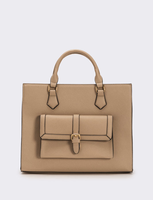 Borsa con tasca grande e tracolla in saffiano donna - Beige