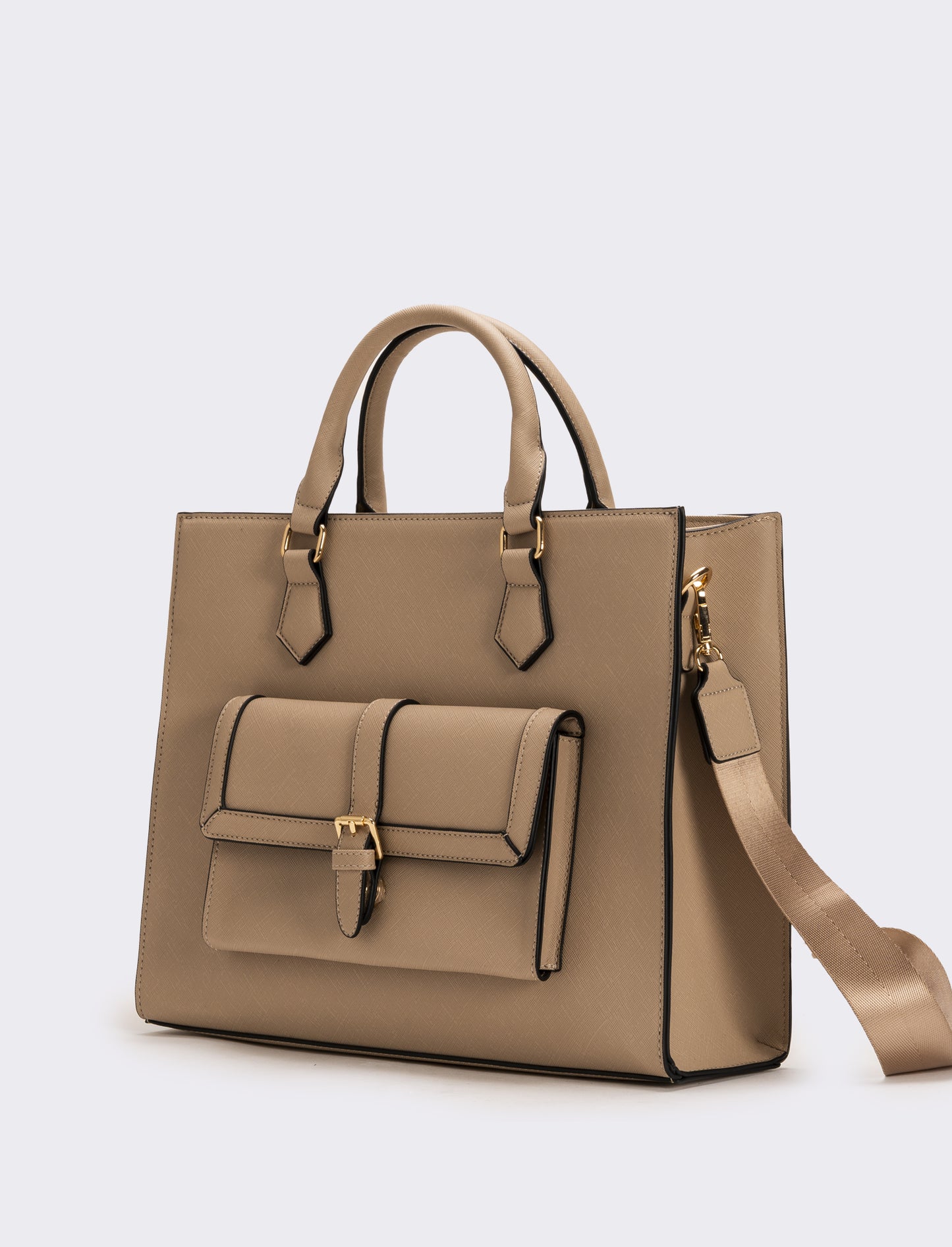 Borsa con tasca grande e tracolla in saffiano donna - Beige