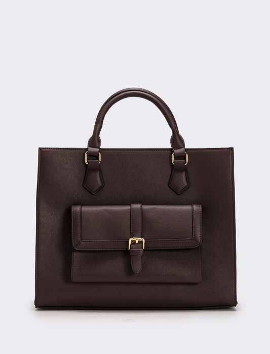 Borsa con tasca grande e tracolla in saffiano donna - Moro