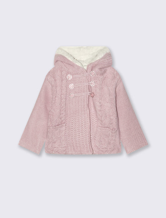 Cardigan con cappuccio e pelliccia morbida - Rosa polvere