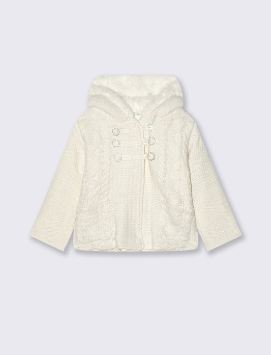 Cardigan con cappuccio e pelliccia morbida - Bianco latte
