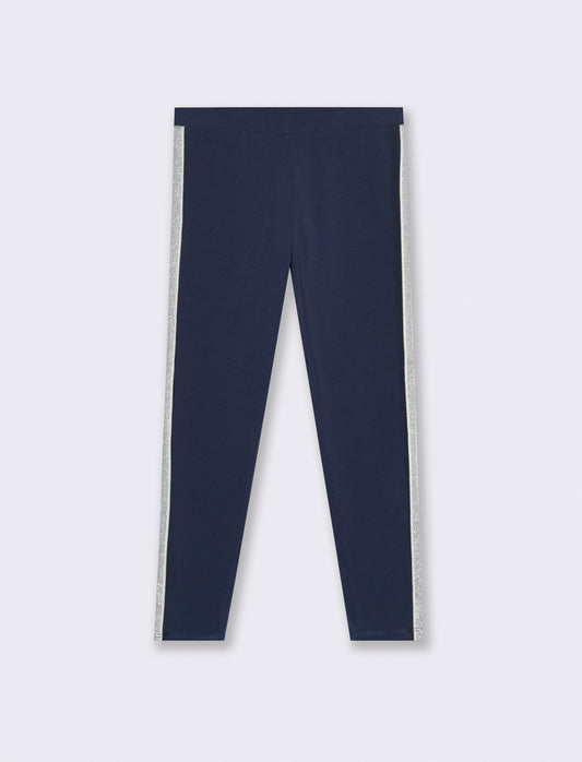Leggings in cotone elasticizzato con banda laterale. - Blu