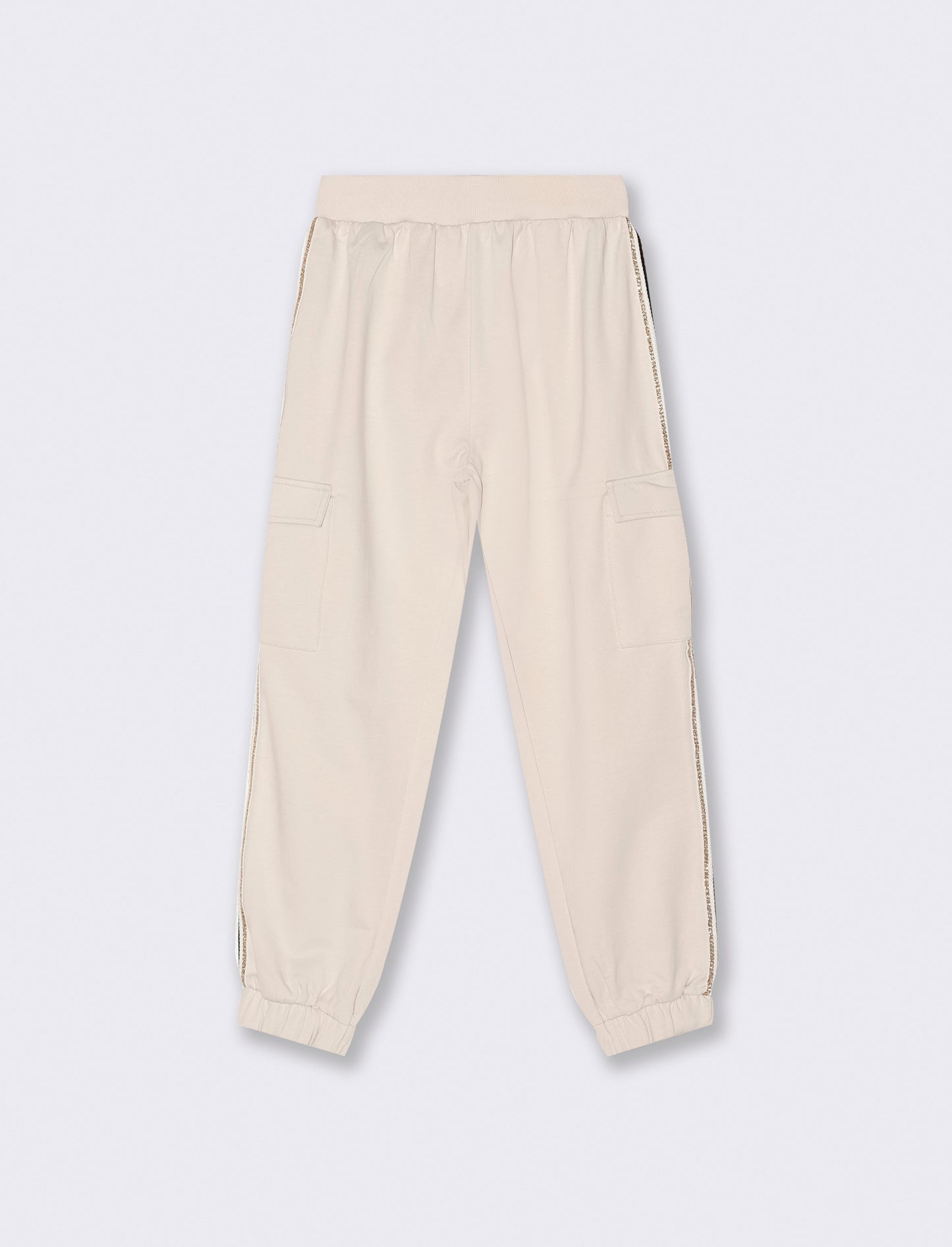 Jogger cargo con nastro a righe brillantinate. - Beige