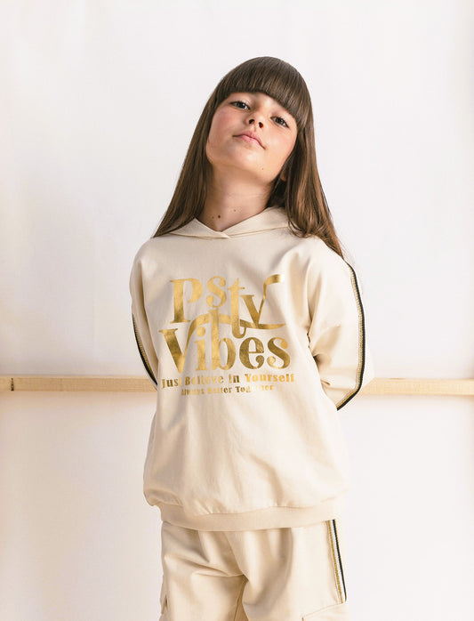 Felpa con nastro a righe brillantinato e stampa lucida - Beige
