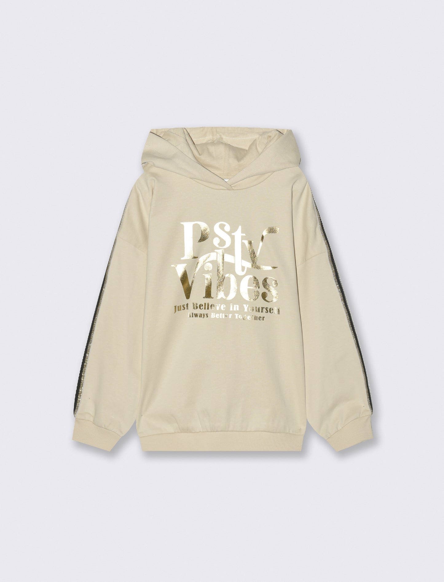 Felpa con nastro a righe brillantinato e stampa lucida - Beige