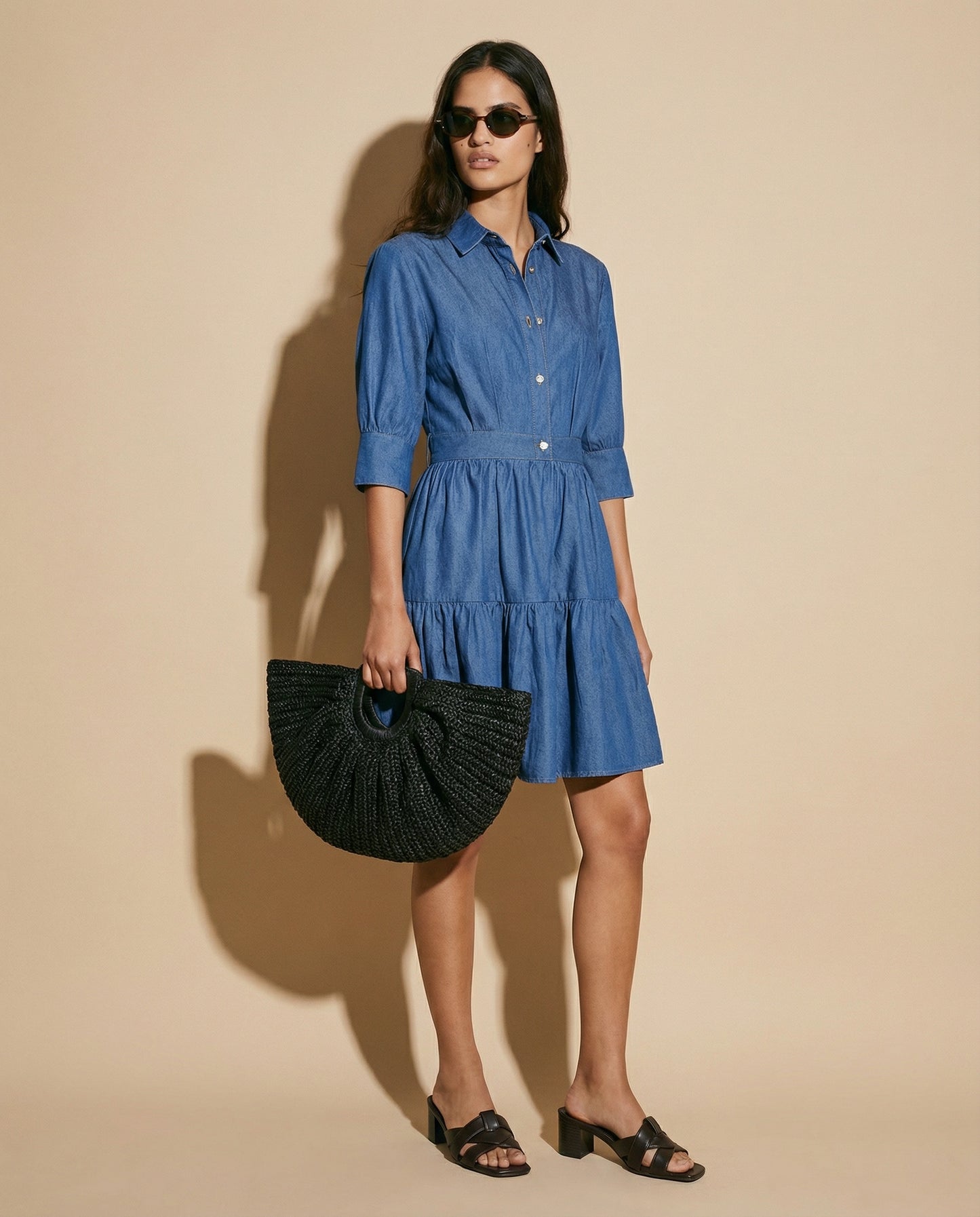 Abito corto denim con maniche a balze - DENIM SCURO
