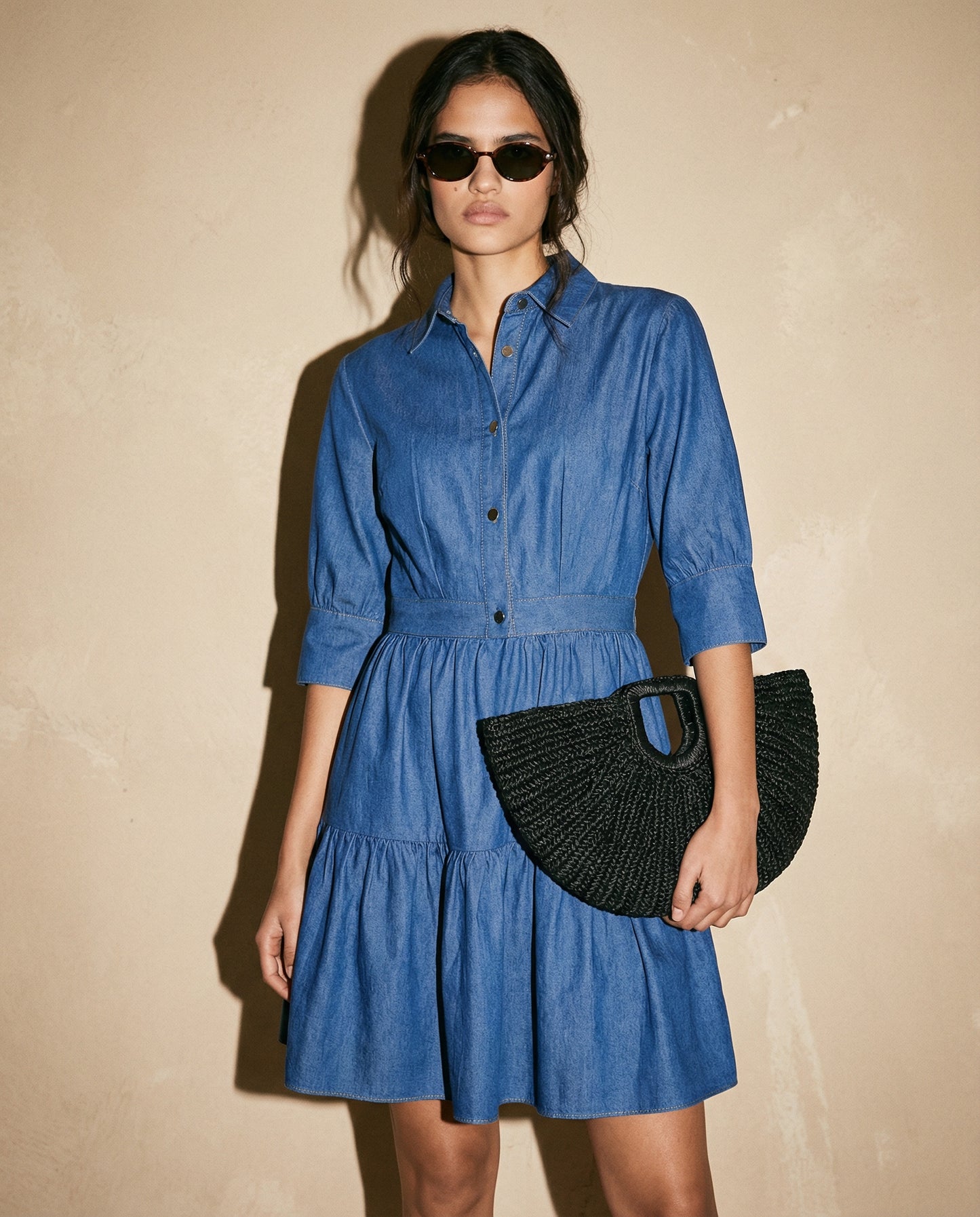 Abito corto denim con maniche a balze - DENIM SCURO