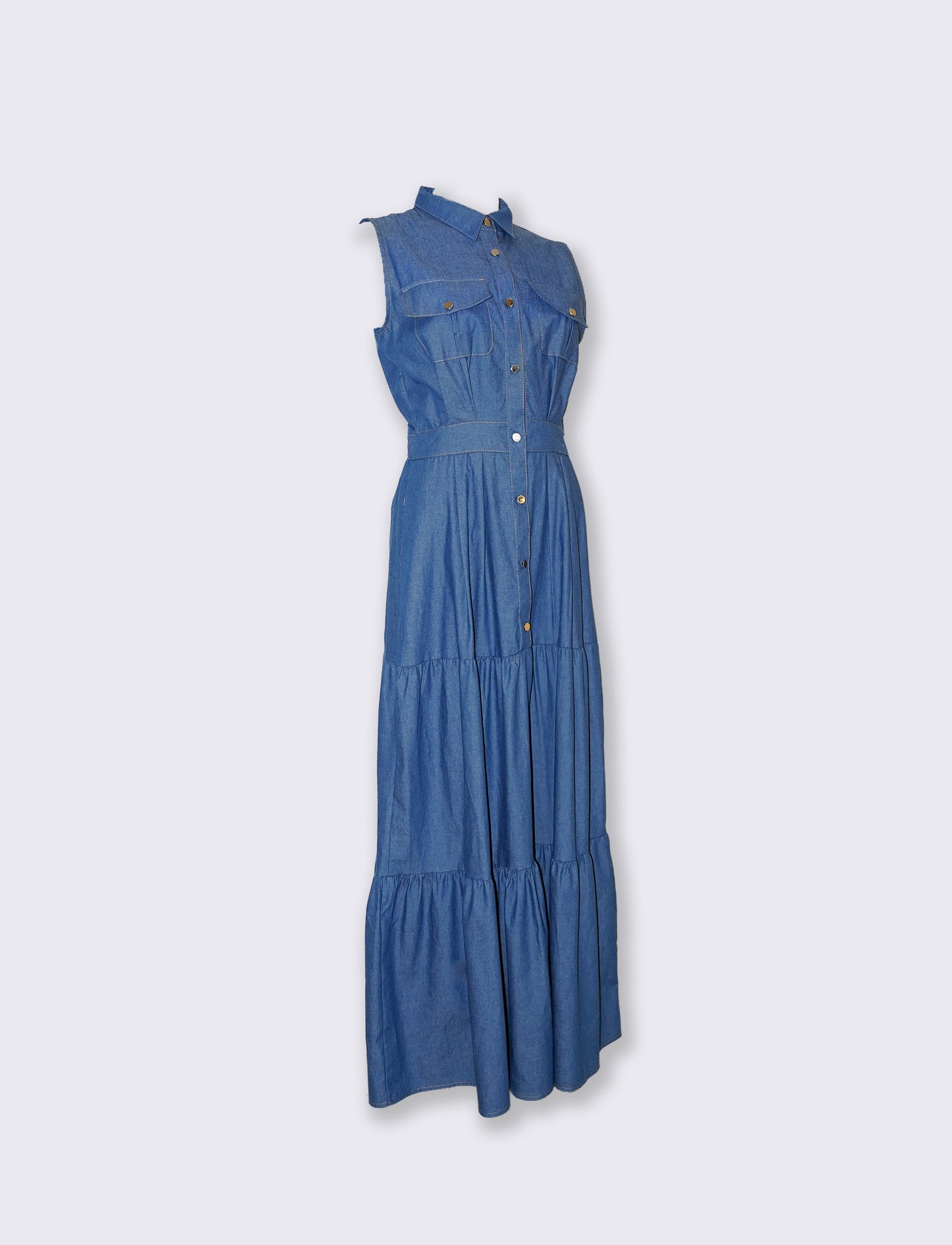 Abito lungo denim a giromaniche e balze - DENIM SCURO