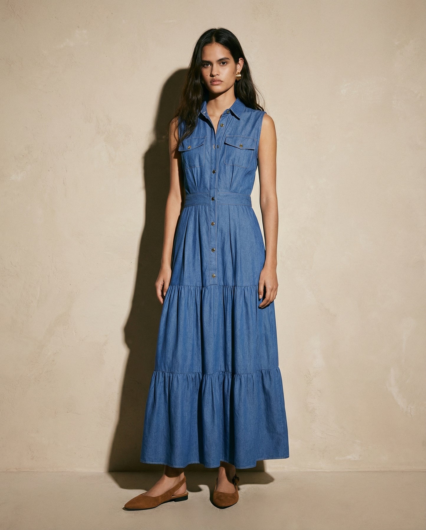 Abito lungo denim a giromaniche e balze - DENIM SCURO