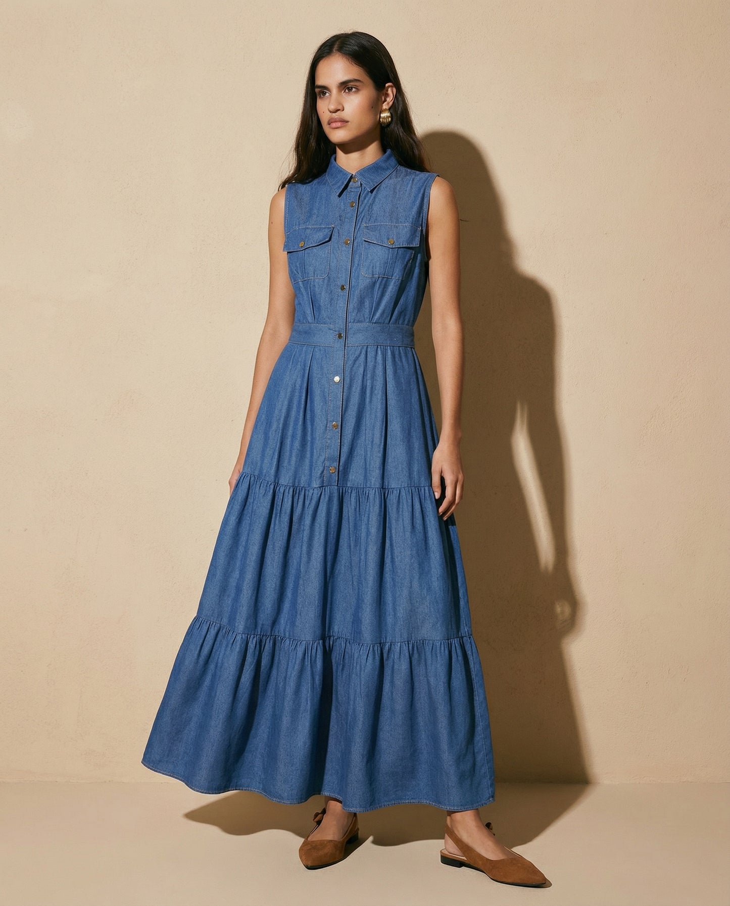 Abito lungo denim a giromaniche e balze - DENIM SCURO