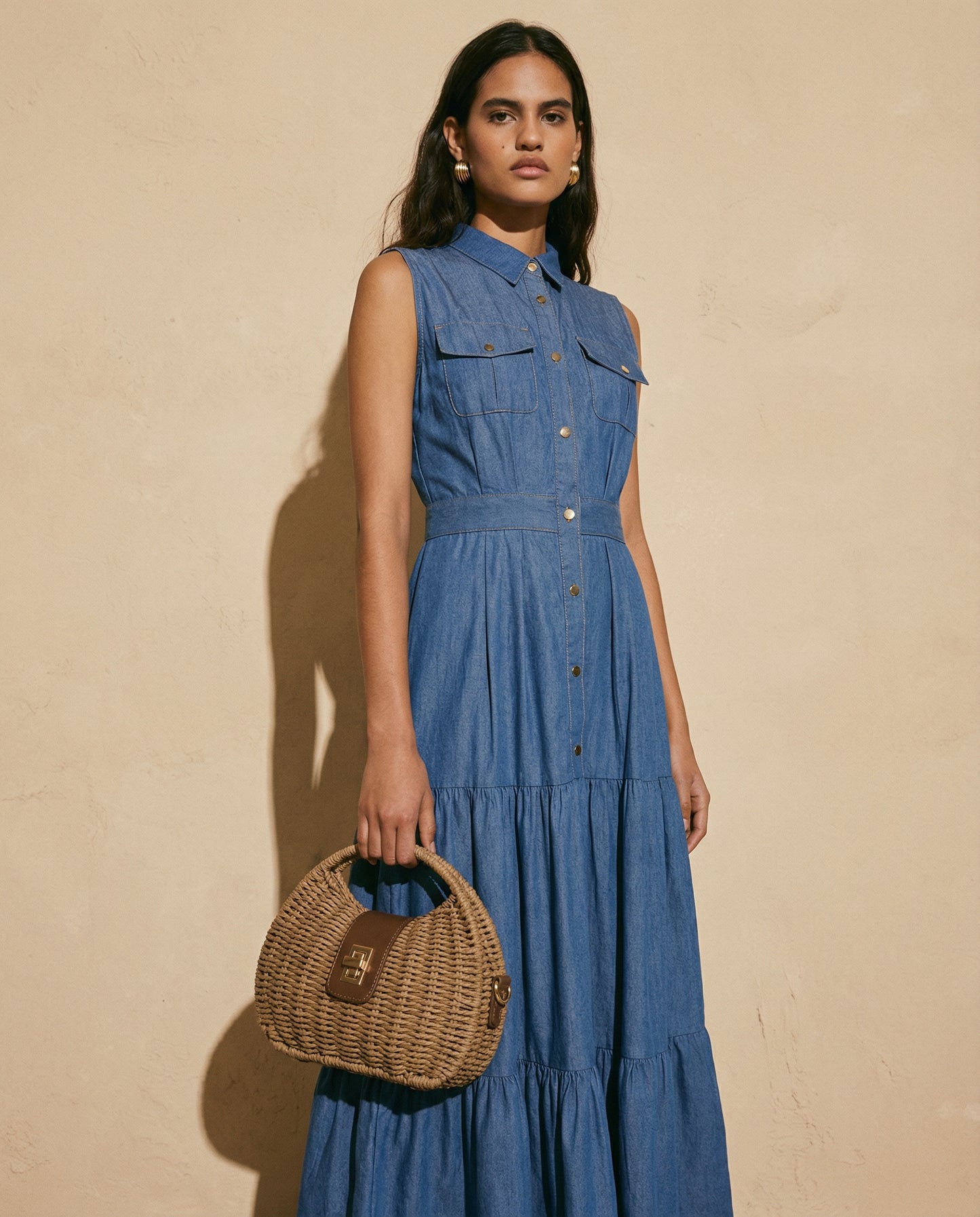 Abito lungo denim a giromaniche e balze - DENIM SCURO