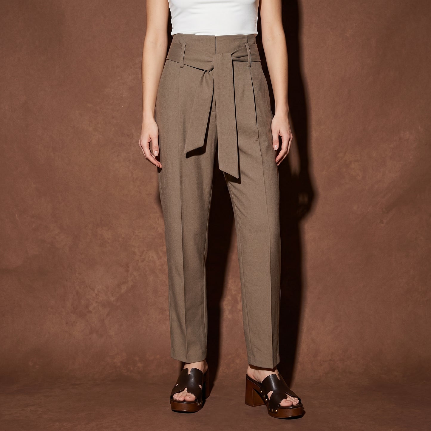 Ankle Pants with Waist Belt - Grey